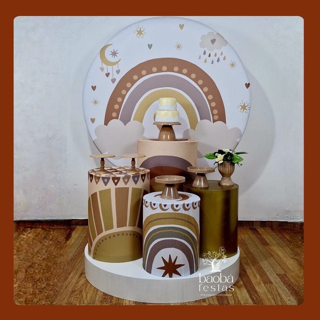 Arco Iris Boho (59)- Kit Ouro + Palco Inteiro + Cilindro Dourado - Baobafestas