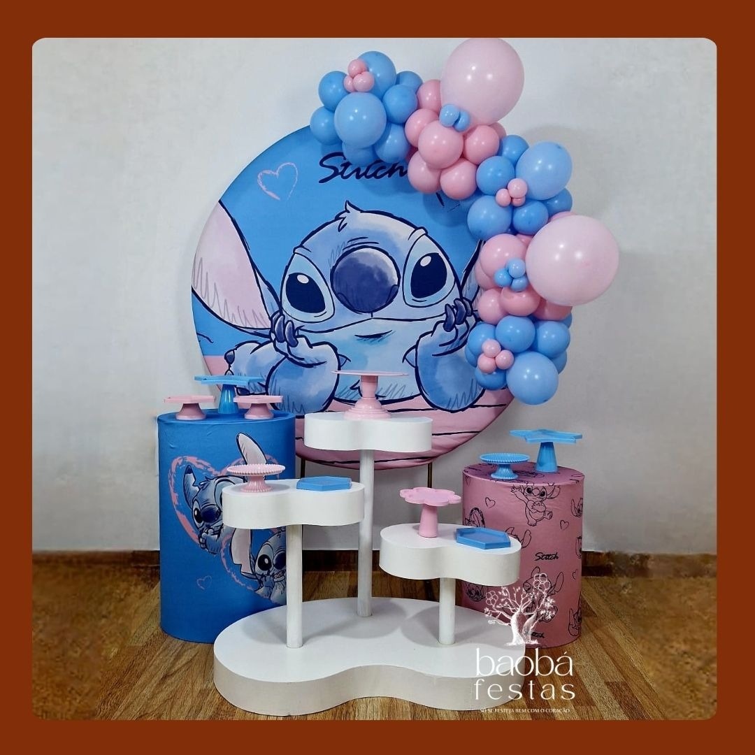 Stitch Rosa - Composição Mesas Orgânicas + 2 Cilindros - Sem Tapete - Sem Balões  - Baobafestas