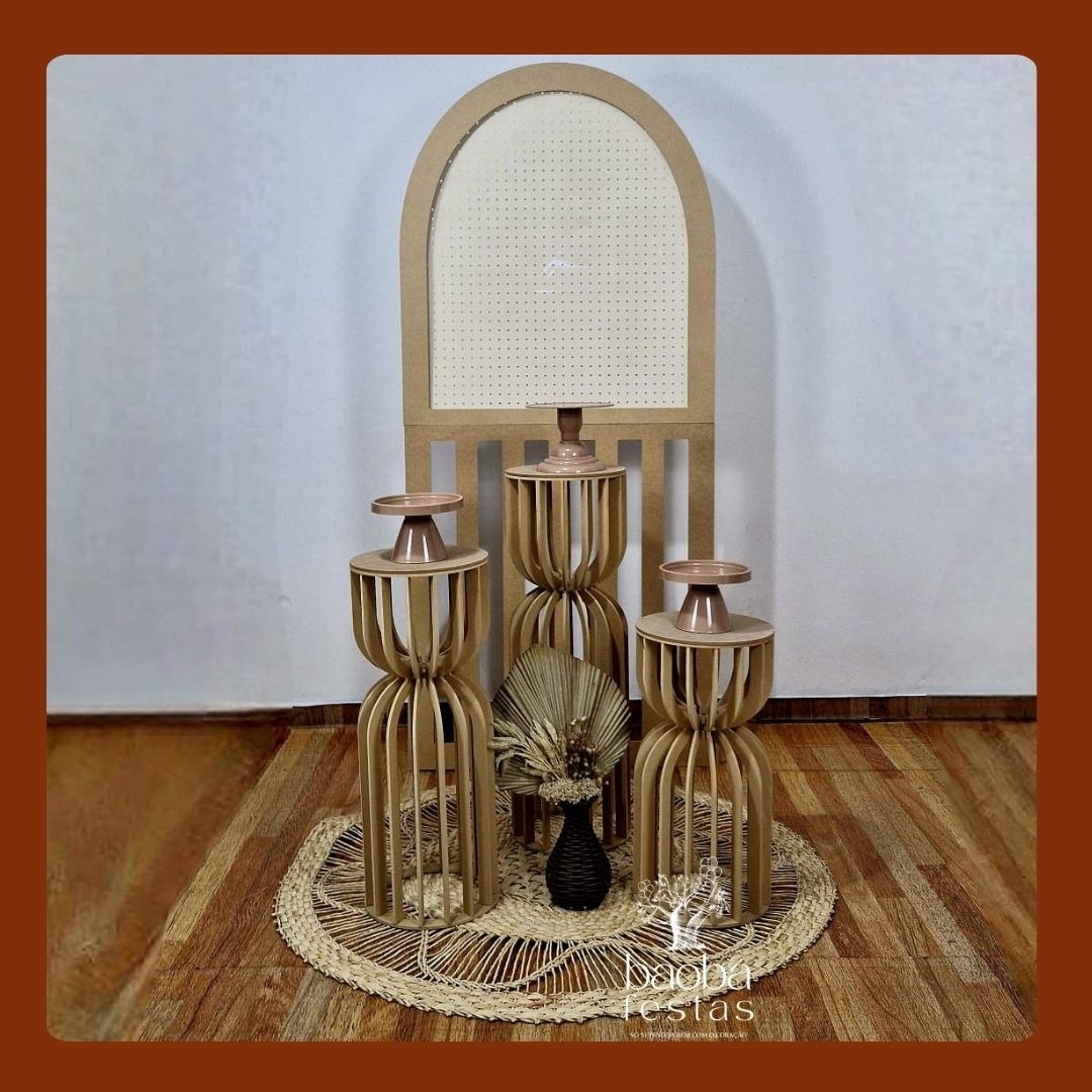 Composição - Trio Ampulhetas - Painel 2X1 Ripado Mdf + Vaso Boho - Baobafestas