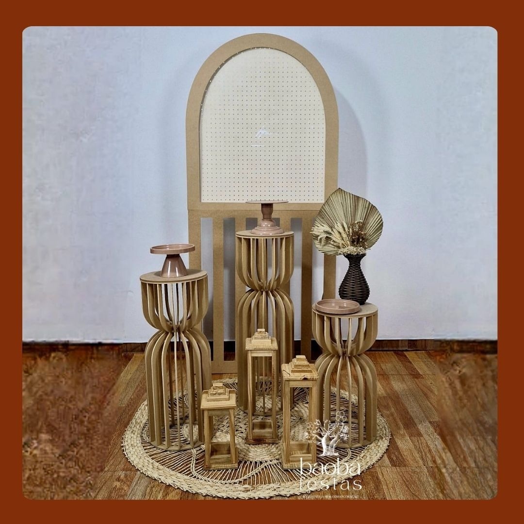 Composição - Trio Ampulhetas - Painel 2X1 Ripado Mdf + Vaso Boho + Lamparinas - Baobafestas