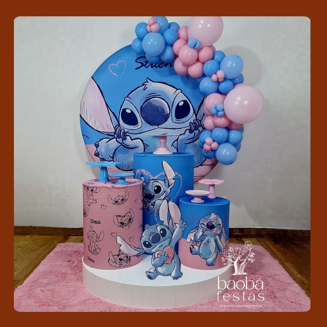 Stitch Rosa - Composição 3 Cilindros + Palco - Baobafestas