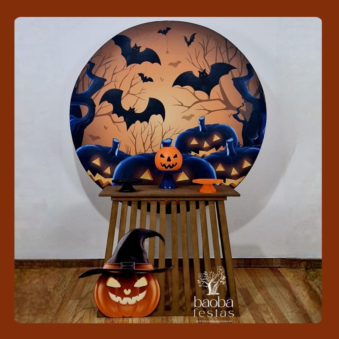 Composição - Mesa Triângulo Ripada - Halloween Com Totem de Chão - Baobafestas