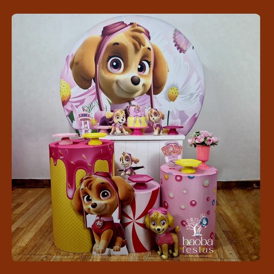 Skye-Patrulha Canina (61) - Kit Diamante + Totem de Chão + Boneco Vinil - Baobafestas
