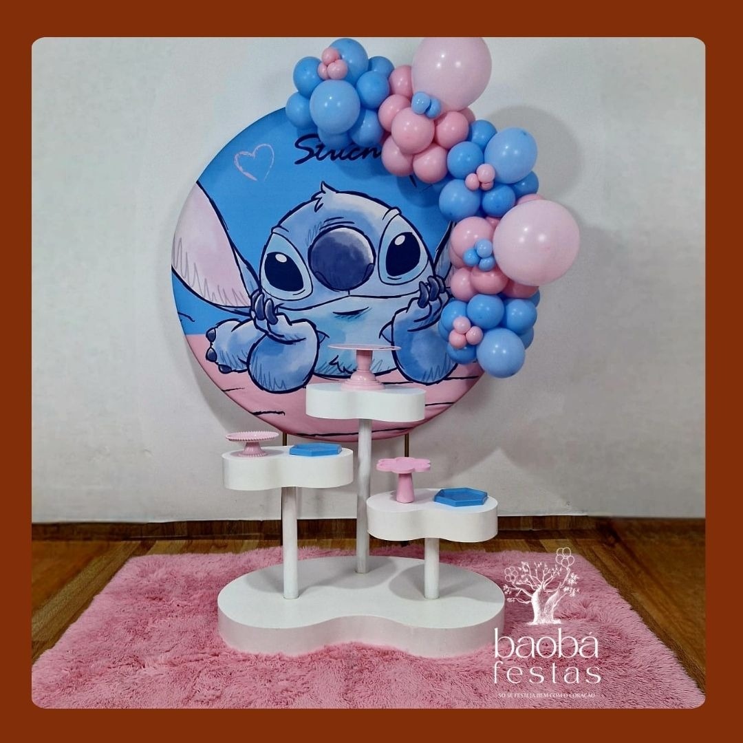 Stitch Rosa - Composição Mesas Orgânicas Sem Balões - Baobafestas