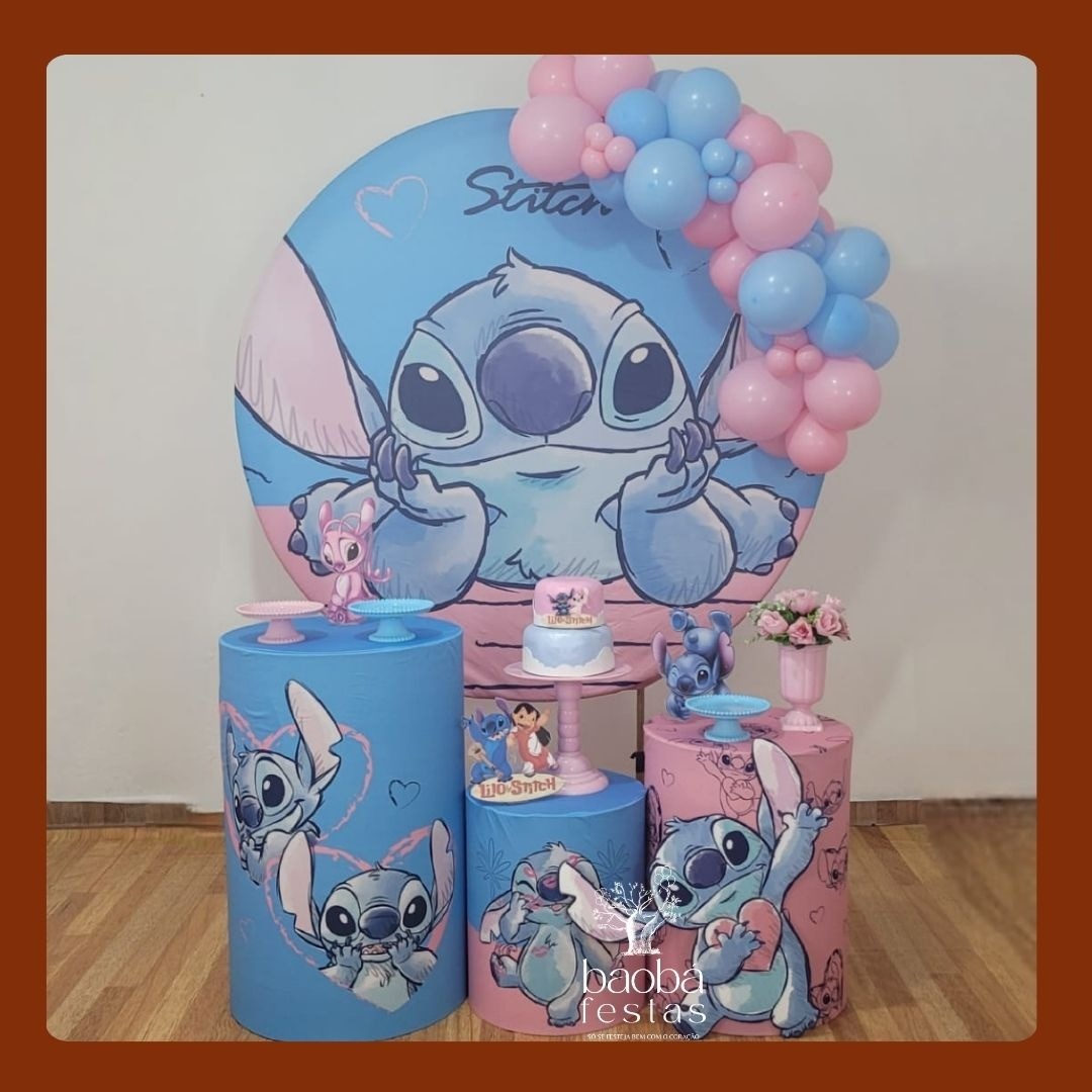 Kit Ouro - Stitch Rosa - Sem Balões (P), Sem Totem de Chão - Baobafestas