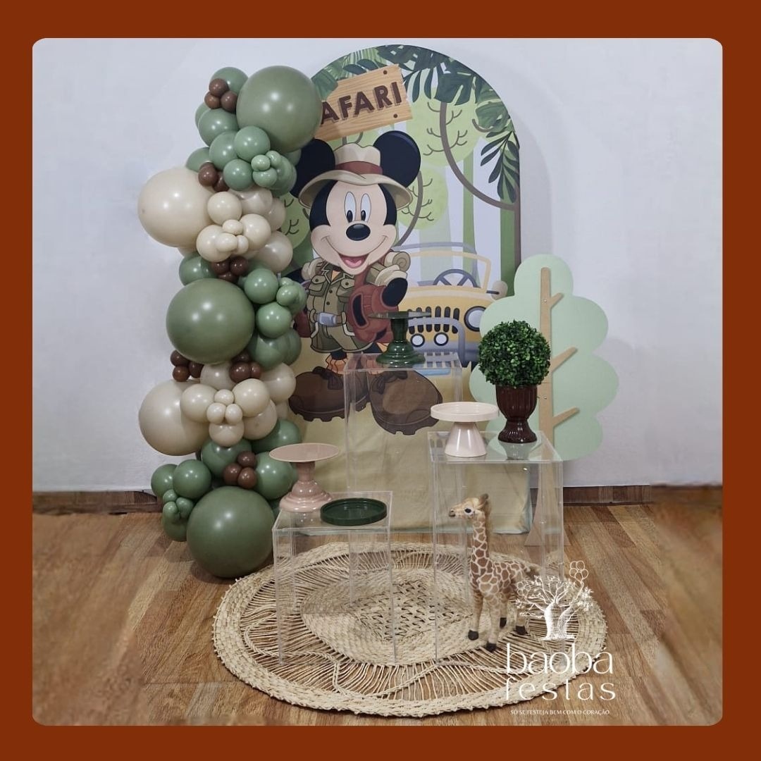 Composição - Mickey Safari - Com Acrílicos - Sem Balões + Árvore + Pelúcia - Baobafestas