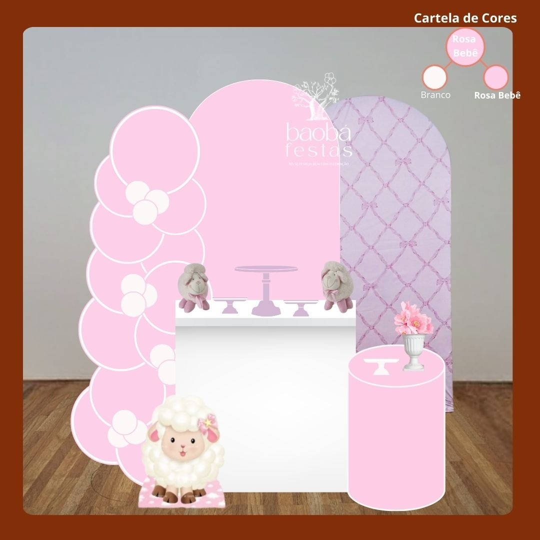 Projeto Personalizado - Composição Ovelhinha Rosa Com Painel Laço (Sem Balões) - Baobafestas