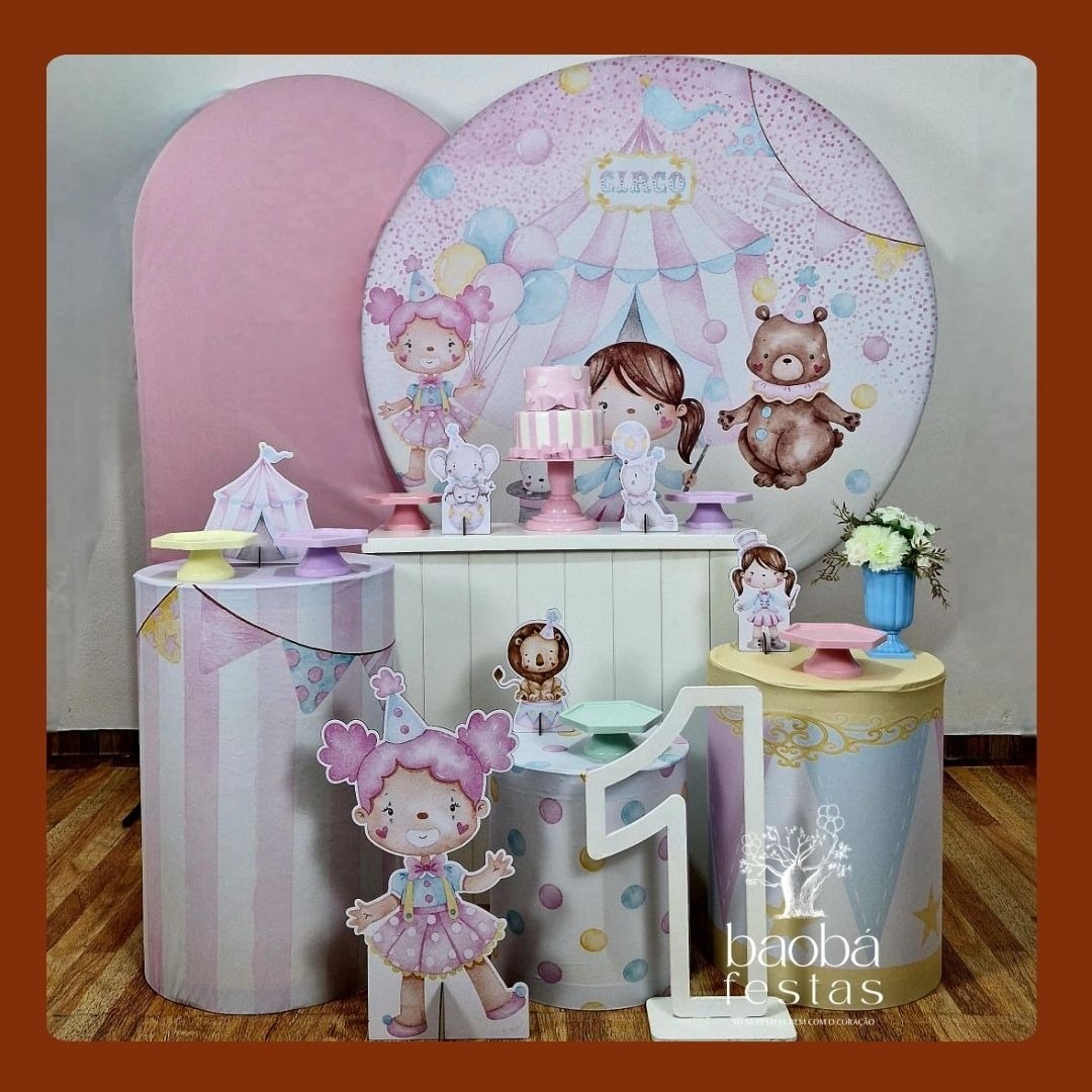 Kit Luxo - Circo Rosa +Totem de Chão+Idade Em Mdf - Baobafestas