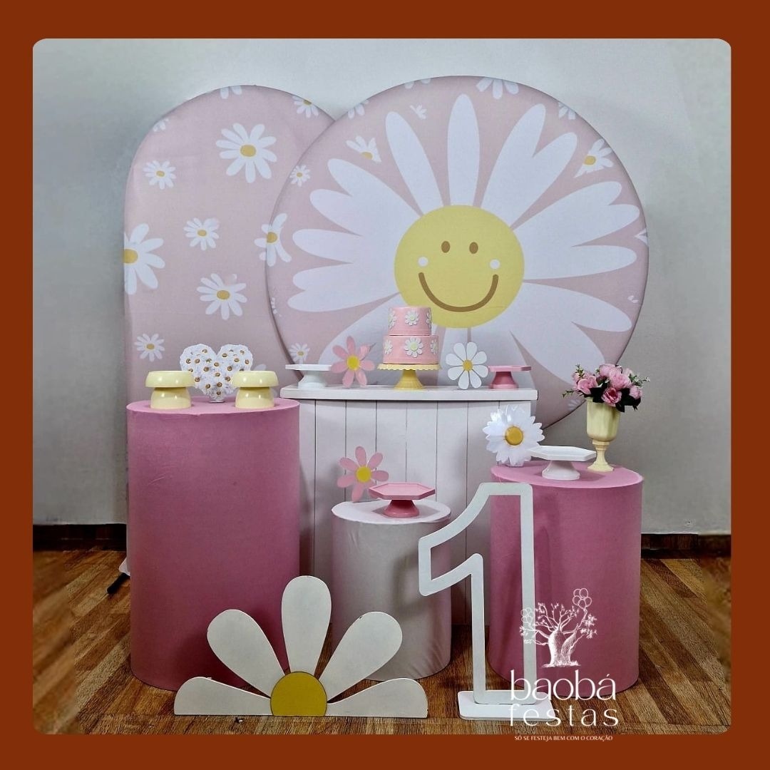 Margarida Rosa (105) - Kit Luxo (+Totem + Idade Em Mdf)  - Baobafestas