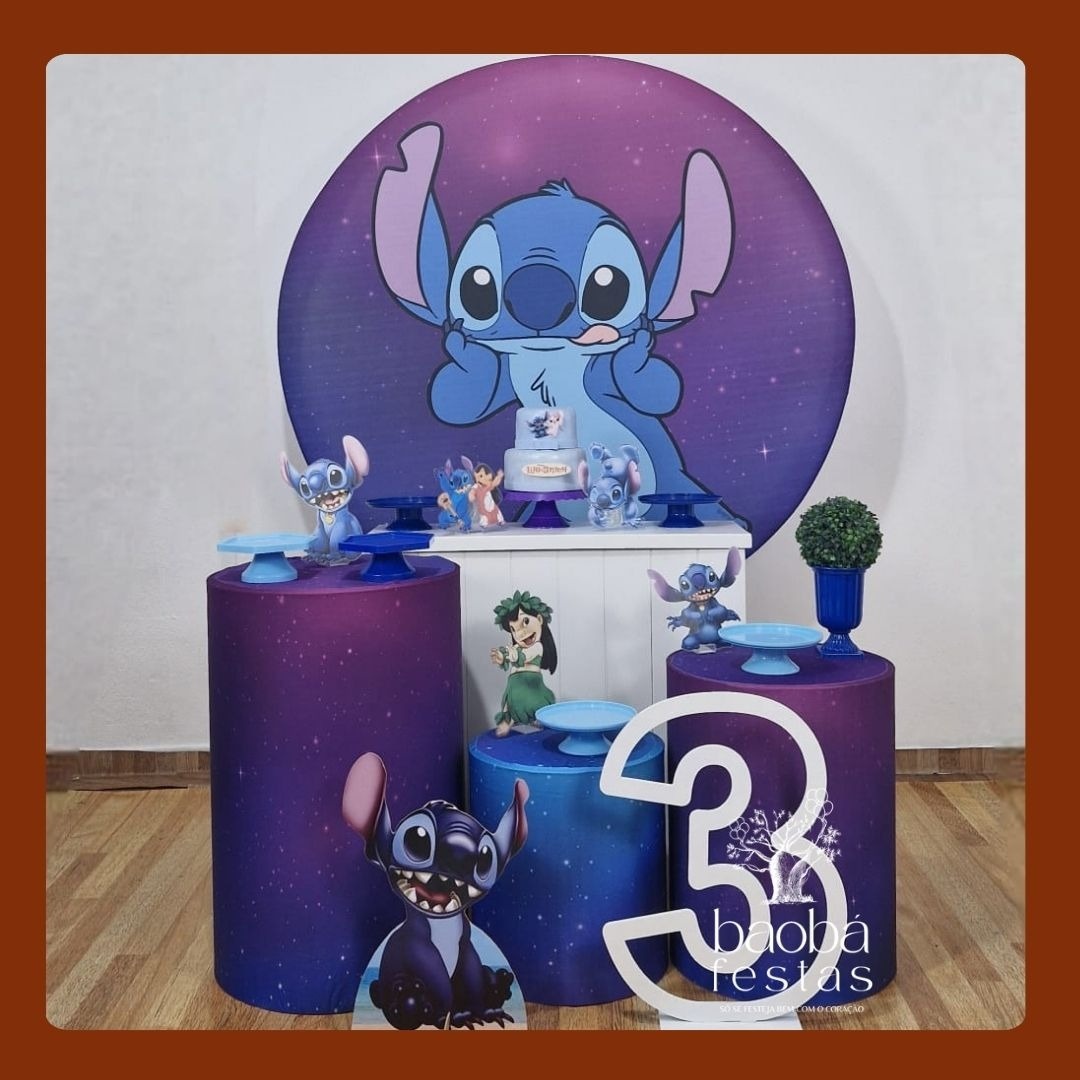 Kit Diamante - Stitch Azul + Idade Em Mdf + Totem de Chão - Baobafestas