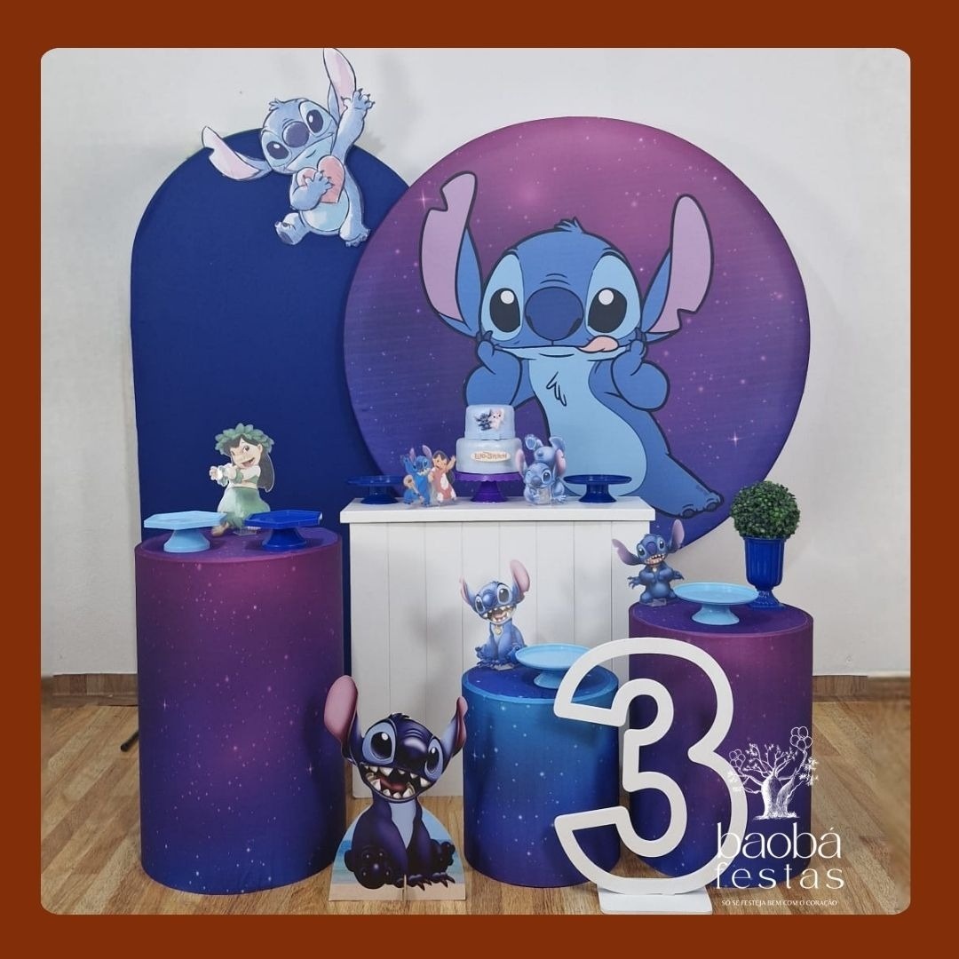 Kit Luxo - Stitch Azul + Idade Em Mdf + 2 Totens de Chão - Baobafestas