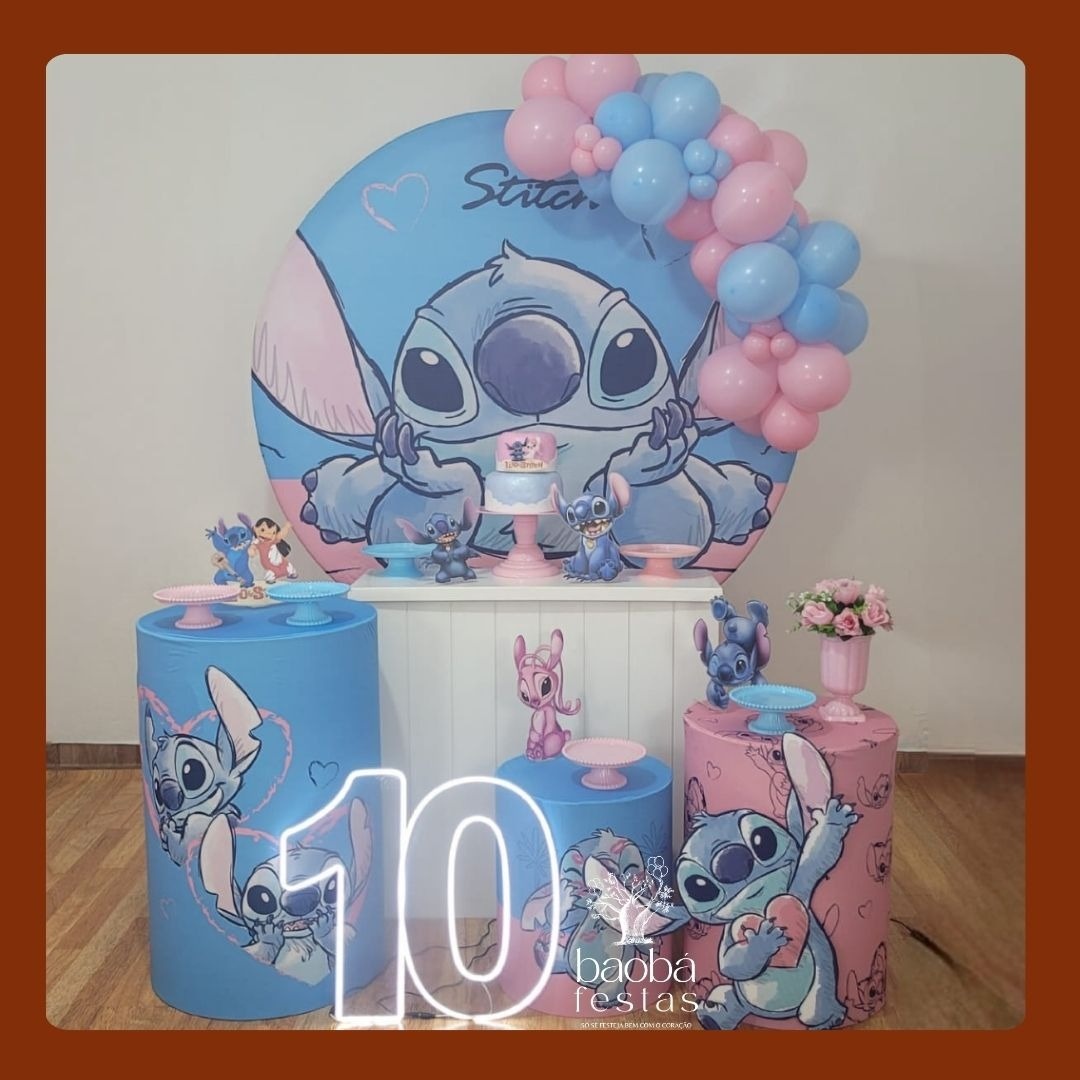 Kit Diamante - Stitch Rosa - Sem Balões (P), Sem Totem de Chão, Sem Idade Em Led - Baobafestas