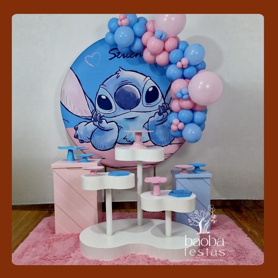 Stitch Rosa - Composição Mesas Orgânicas + 2 Mesas - Sem Balões  - Baobafestas