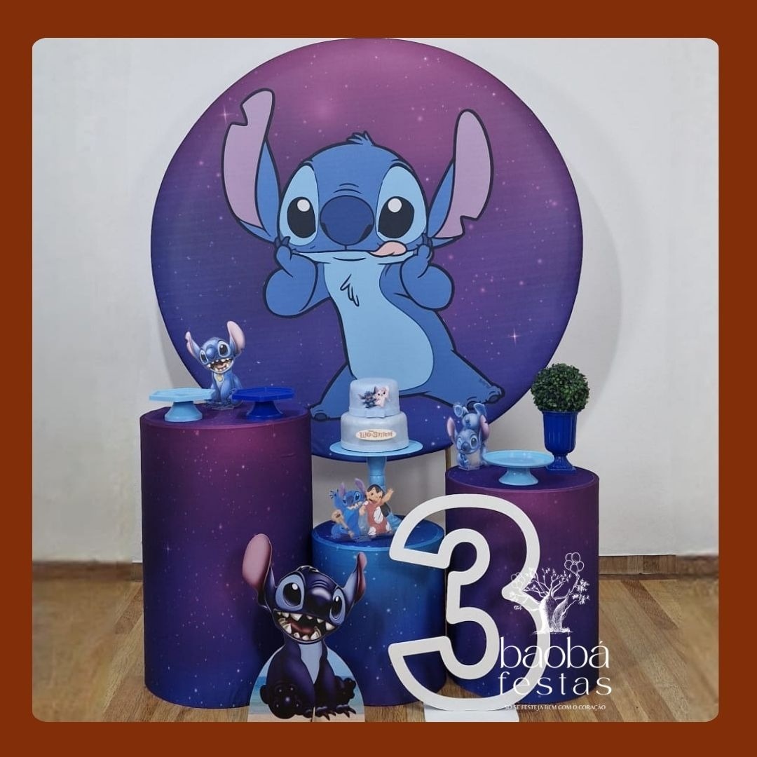 Kit Ouro - Stitch Azul + Idade Em Mdf + Totem de Chão - Baobafestas