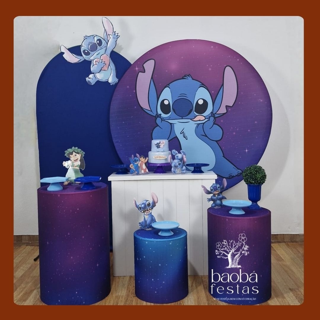 Kit Luxo - Stitch Azul + 1 Totens de Chão No Romano - Baobafestas