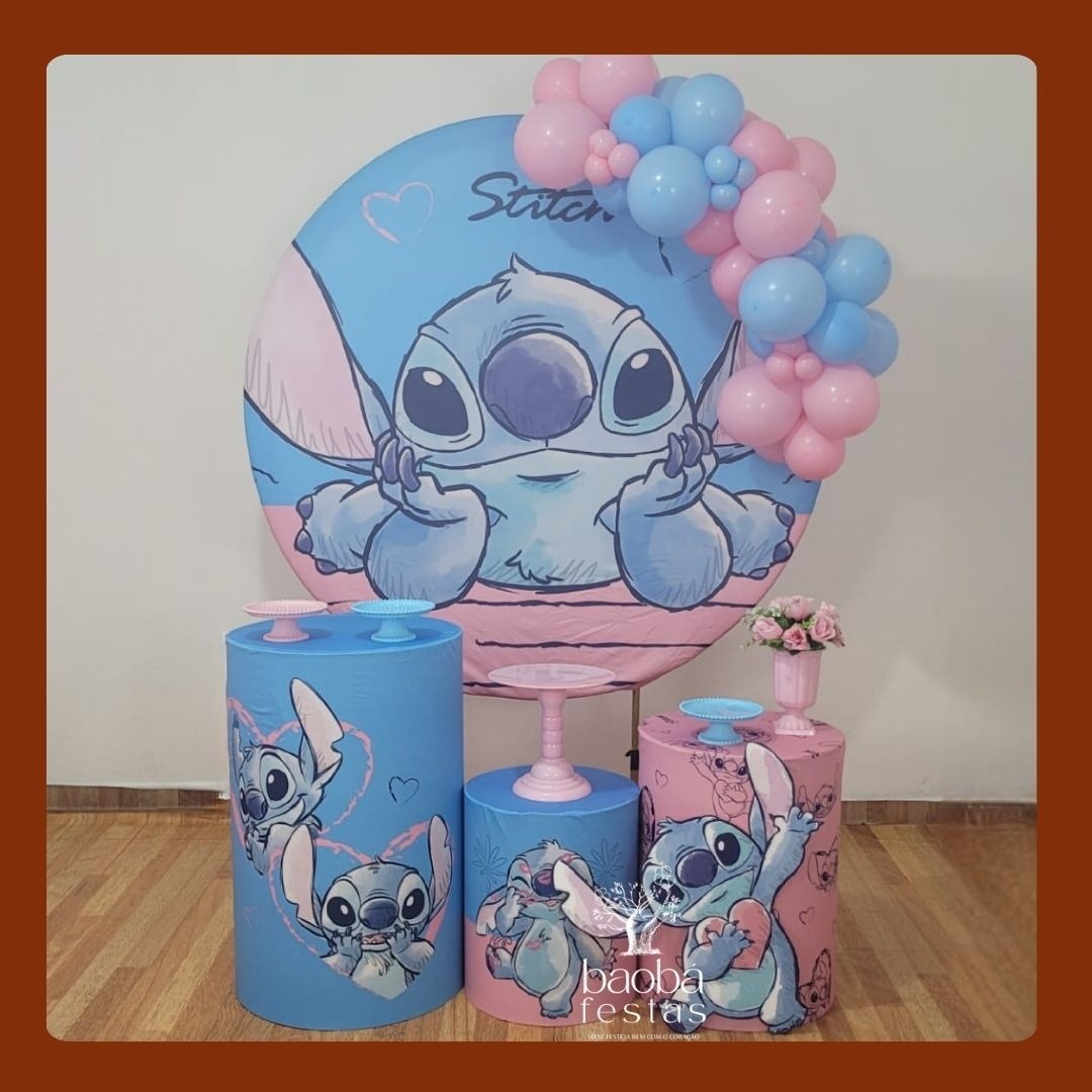 Kit Prata - Stitch Rosa - Sem Balões (P), Sem Totem de Chão  - Baobafestas