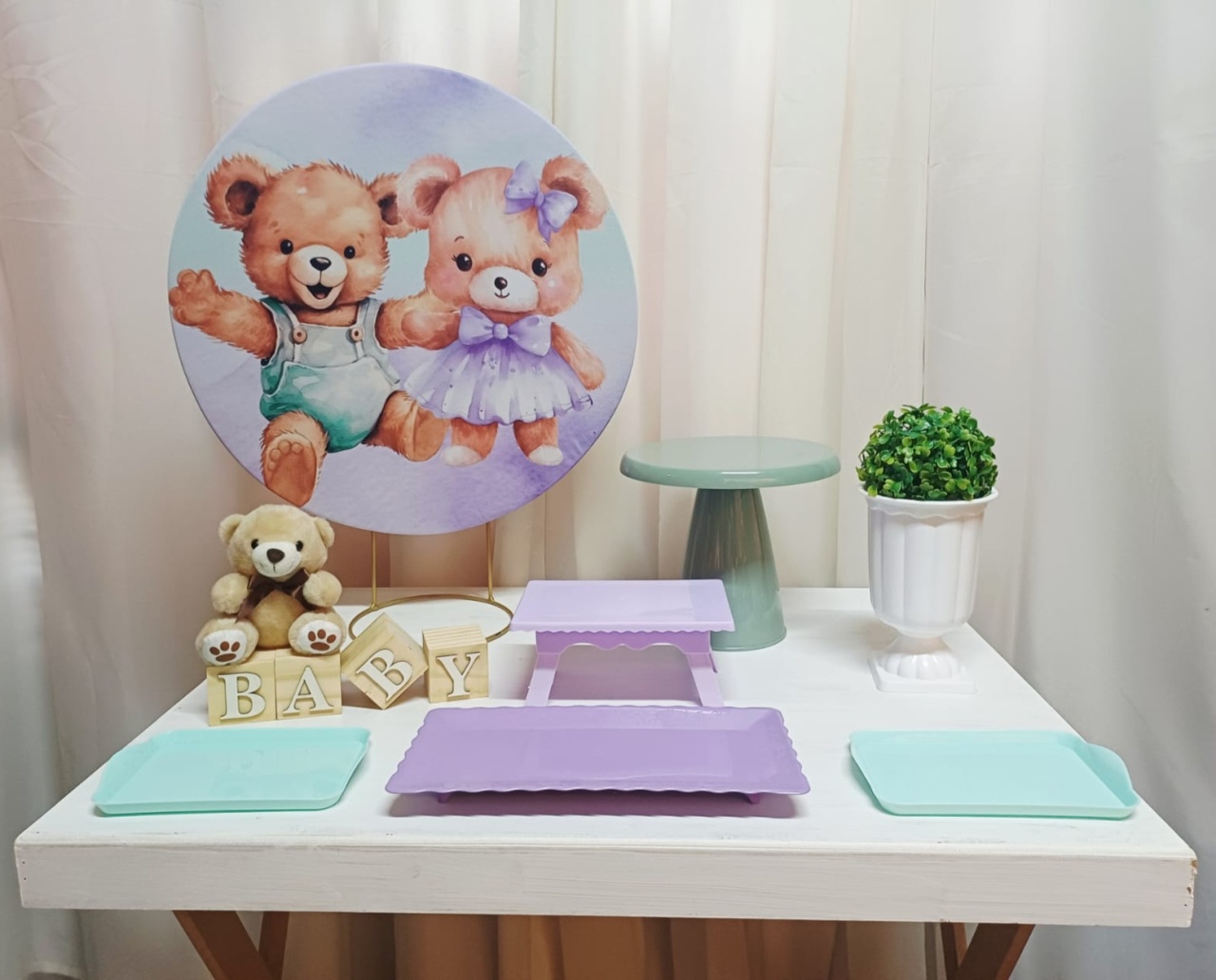 Chá Revelação Urso - Lilás E Verde - "Só Pra Um Bolinho" - Mesa Pronta, Só Festejar - Pegue&Monte Graça Decor♡