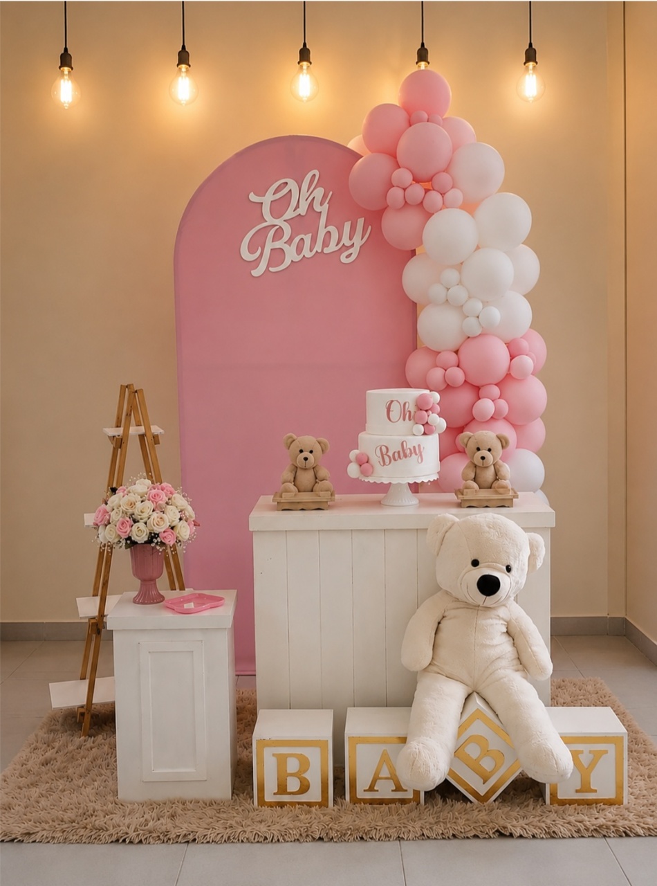 Chá de Menina Rosa E Branco - Leilan Festas 