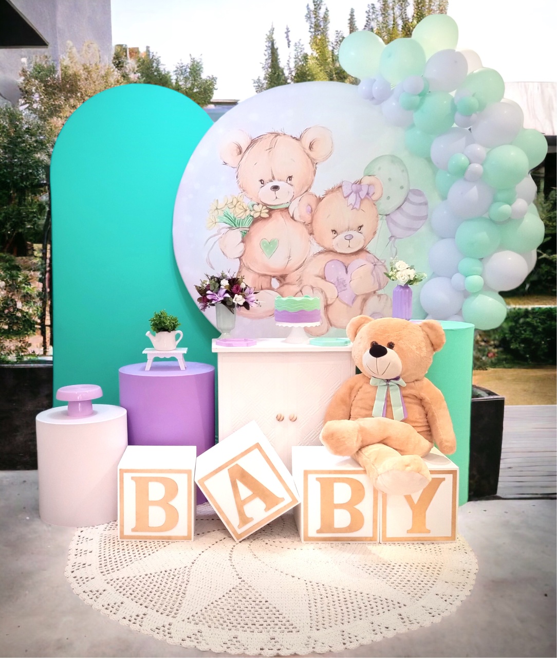 Kit  Chá Revelação Urso Verde/Lilás  - peguemontevip