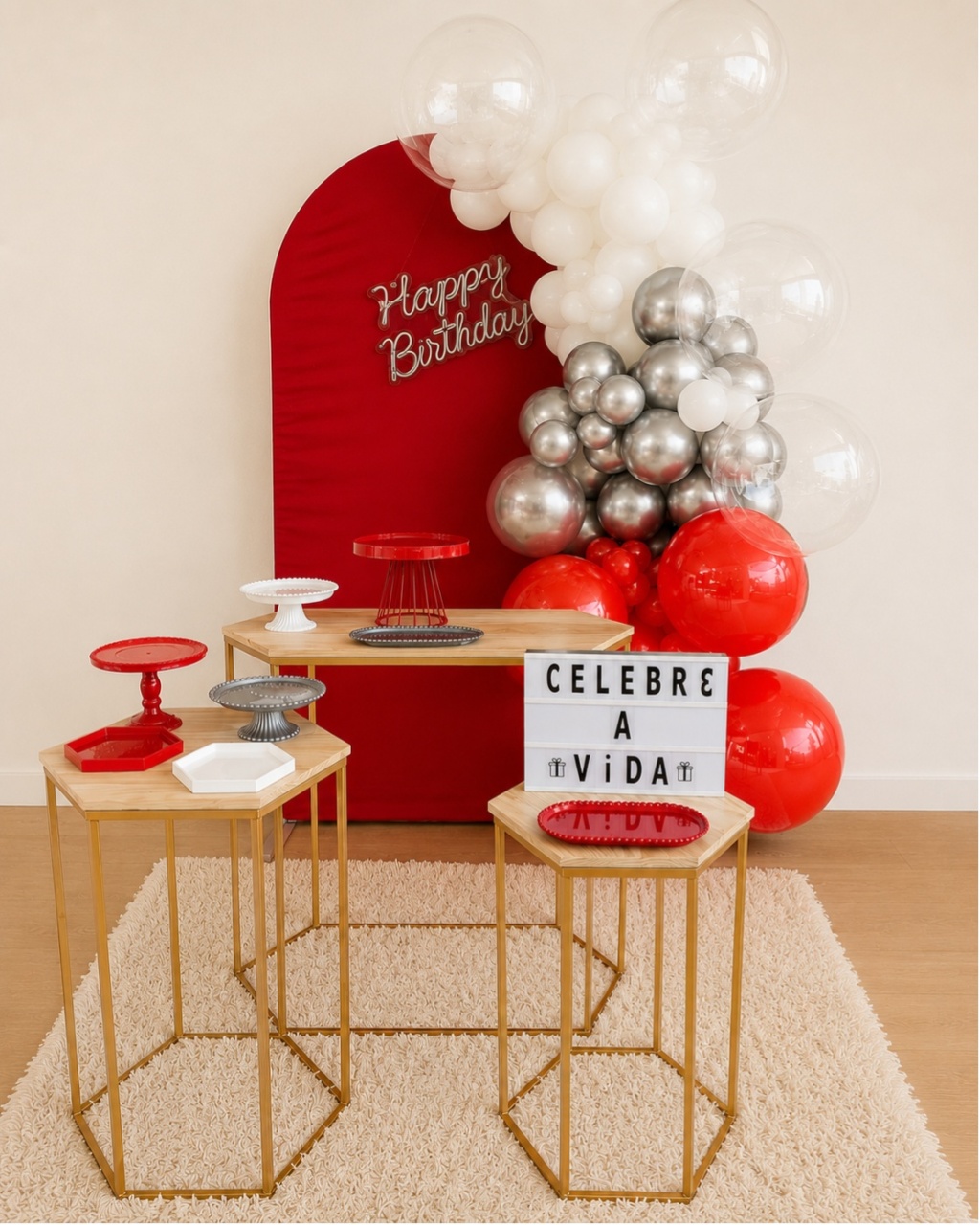 Kit Karina Happy Birthday Vermelho E Prata - laladecor