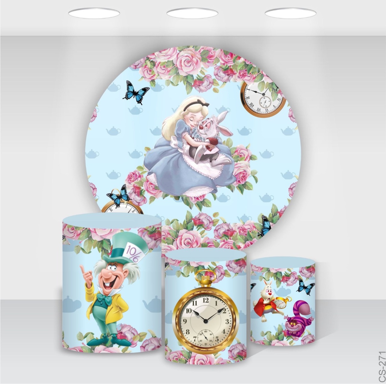 Painel Redondo E Capas Para Cilindros Tema Alice No País das Maravilhas  - Decore Locações