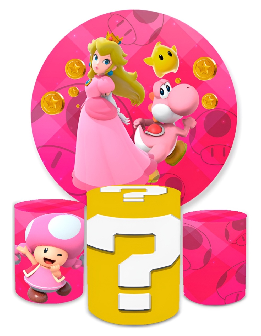 Painel Redondo E Capas Para Cilindros Tema Princesa Peach - Decore Locações