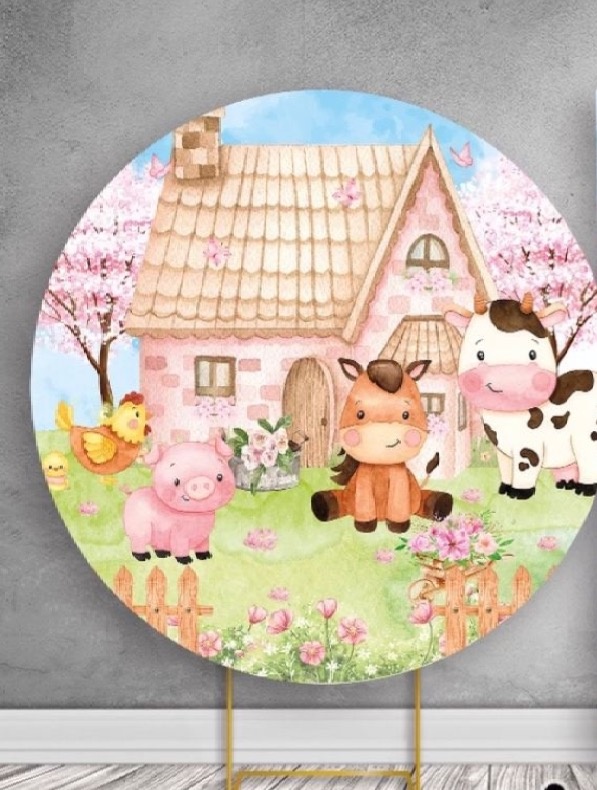 Capa Painel Fazendinha Rosa C/ Armação Redonda  - A casa do pegue e monte 