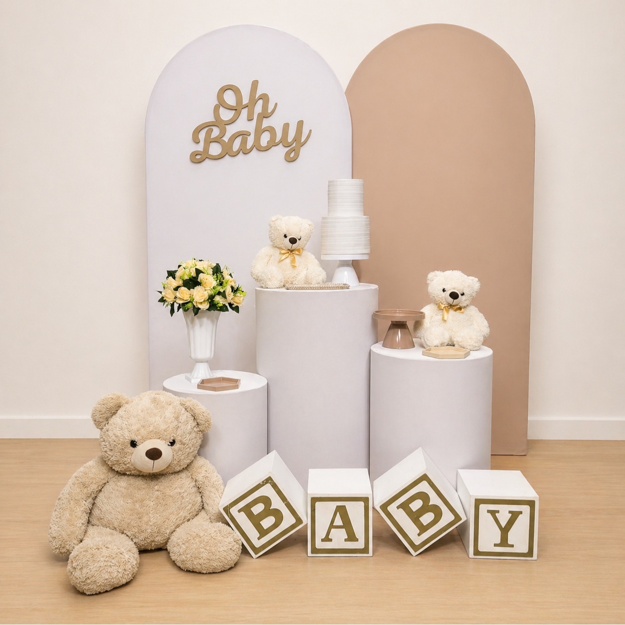 Kit P -  Chá de Bebe Branco Com Bege - JPeventospeguemontee