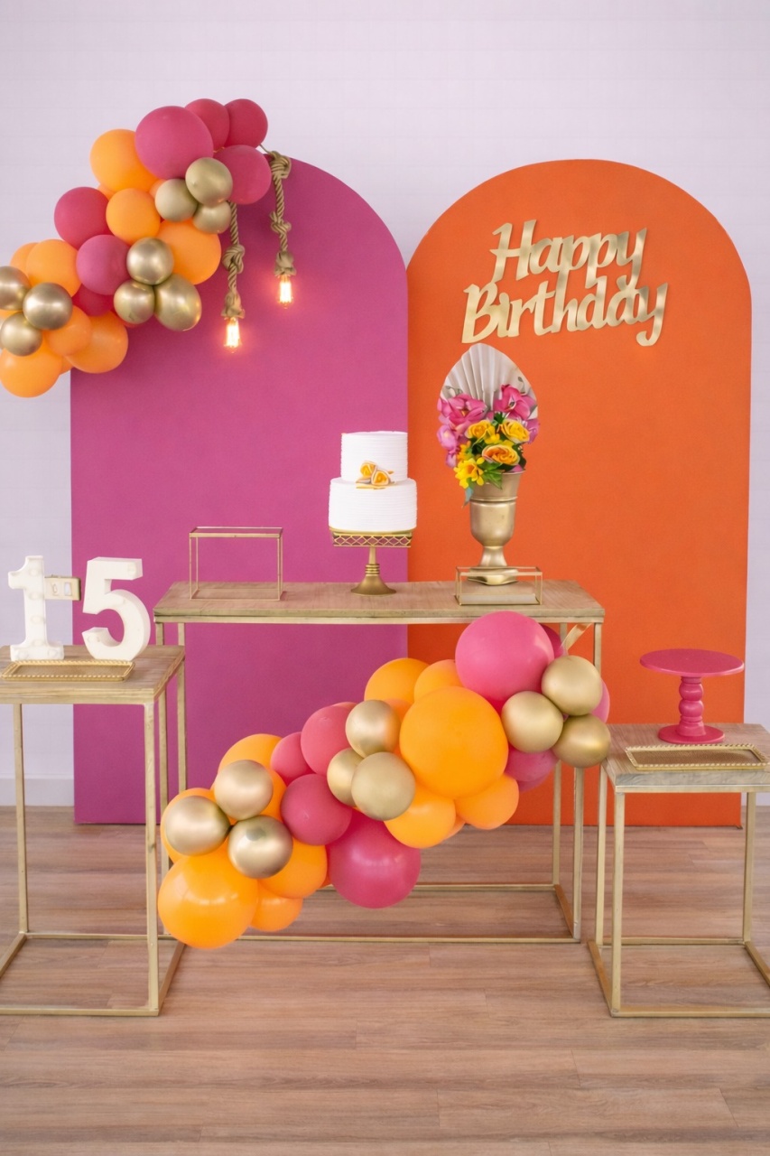 Kit P -  Happy Birthday Laranja E Pink Com Bexiga - JPeventospeguemontee