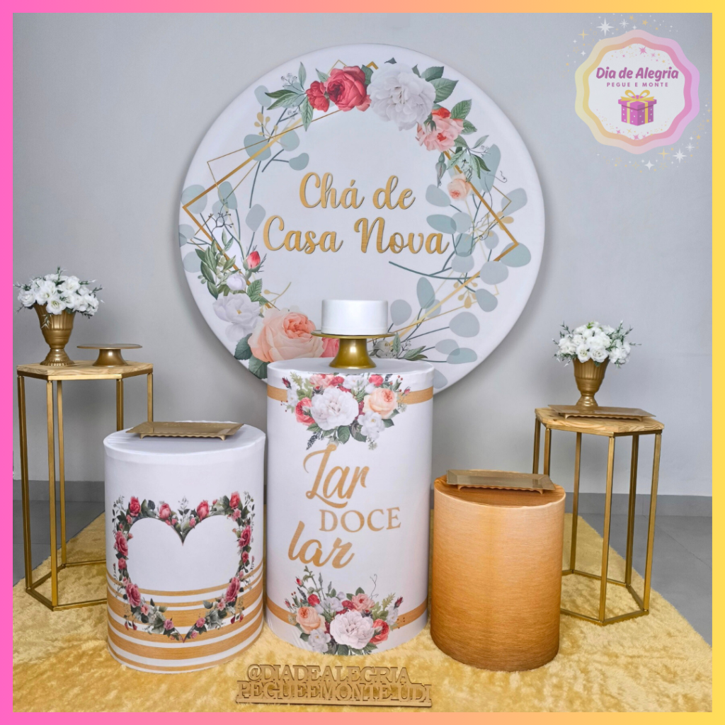 Chá de Casa Nova Dourado - Kit 2 Cilindros - Dia de Alegria Pegue e Monte
