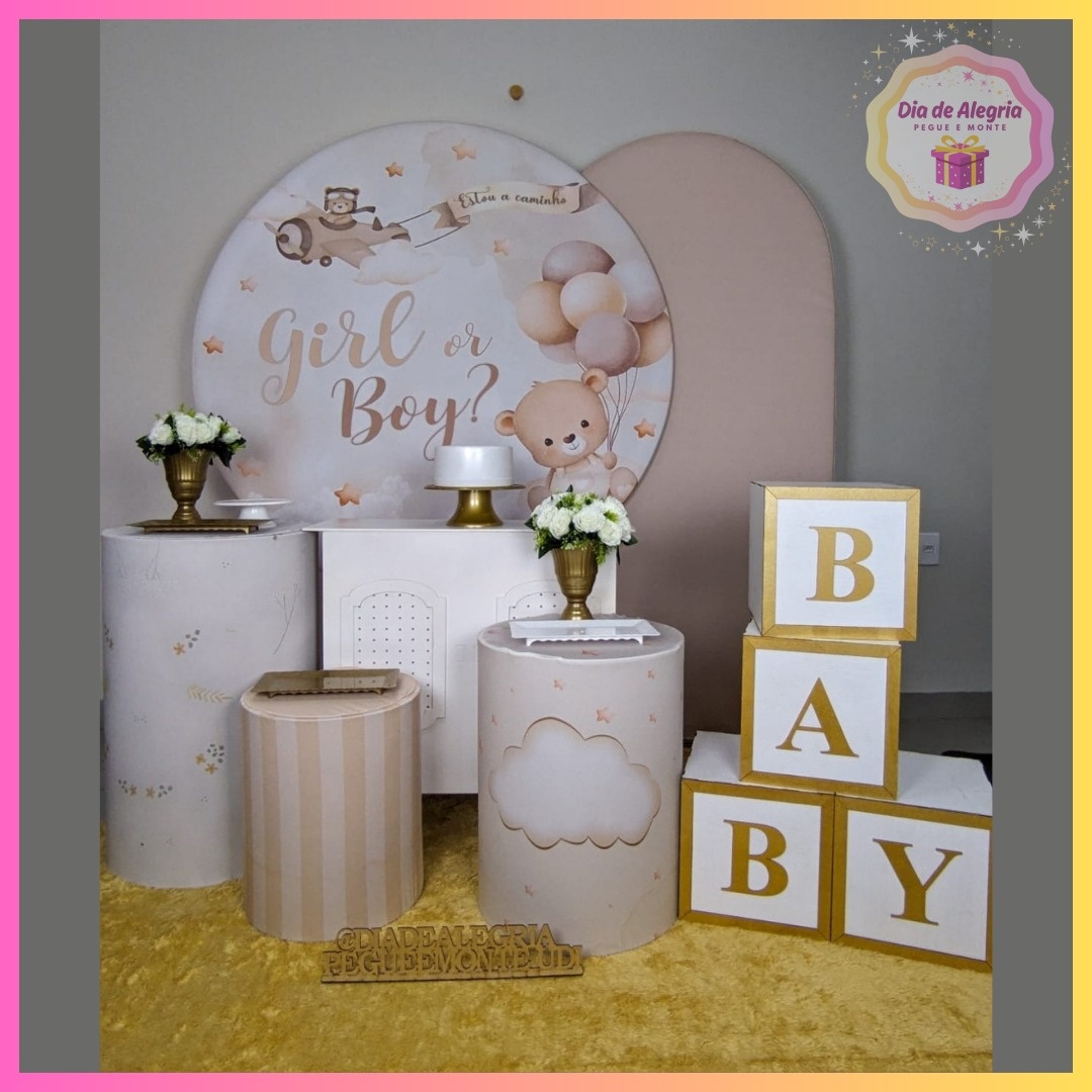 Chá Revelação Branco Com Bege - Kit 3 - Dia de Alegria Pegue e Monte
