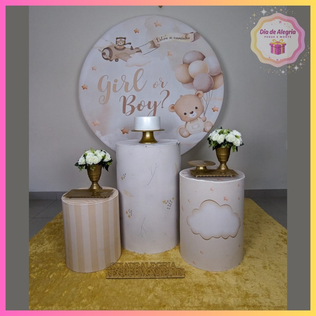 Chá Revelação Branco Com Bege - Kit 1 - Dia de Alegria Pegue e Monte