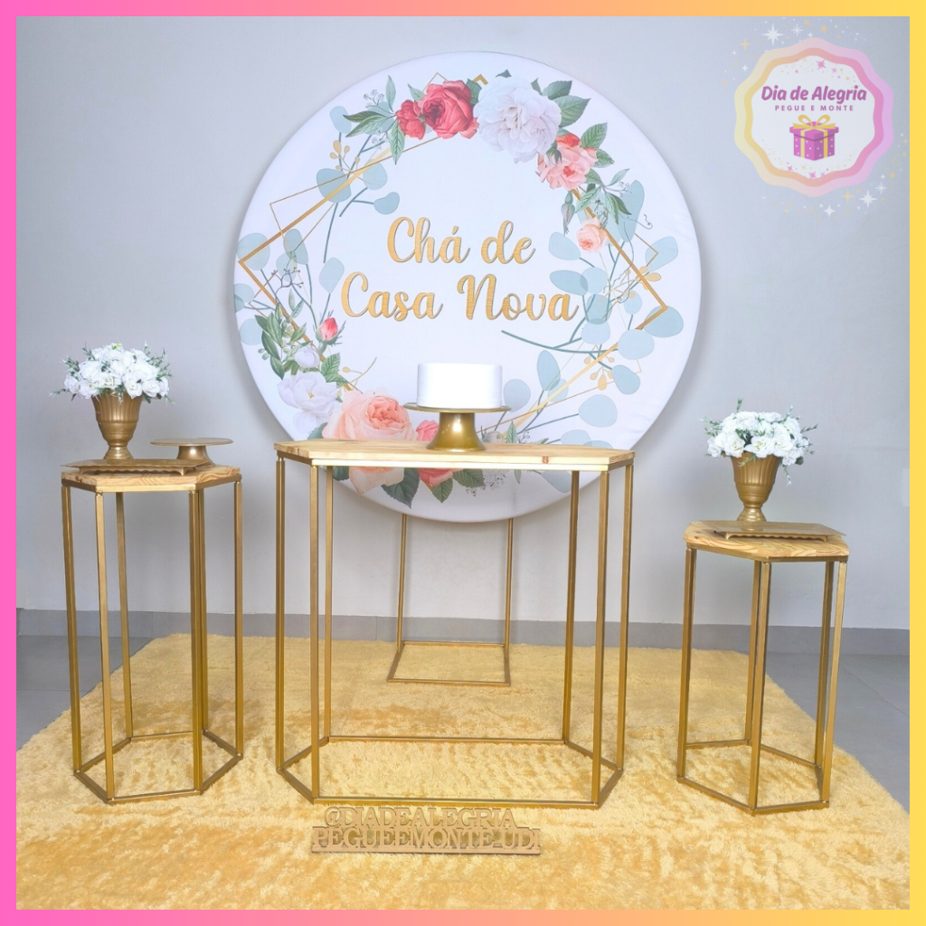 Chá de Casa Nova Dourado - Kit 1 Mesas de Ferro - Dia de Alegria Pegue e Monte