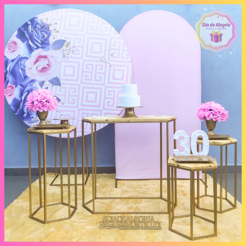 Floral Rosa Com Azul (Mesas) - Kit 3 - Dia de Alegria Pegue e Monte
