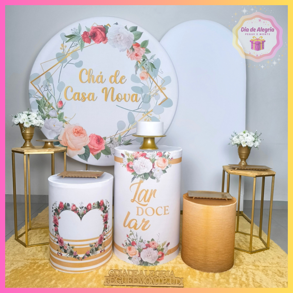 Chá de Casa Nova Dourado - Kit 3 Cilindros - Dia de Alegria Pegue e Monte