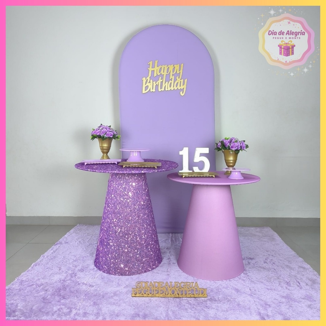15 Anos Lilás - Kit 2 (Mesas Cone) - Dia de Alegria Pegue e Monte