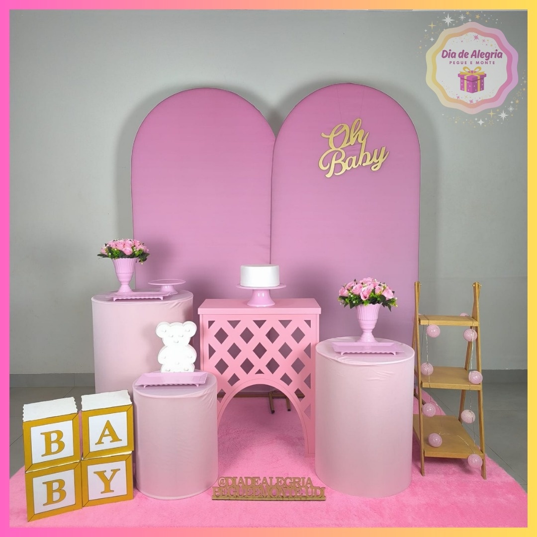 Chá de Bebê Rosa Liso - Kit 3 - Dia de Alegria Pegue e Monte