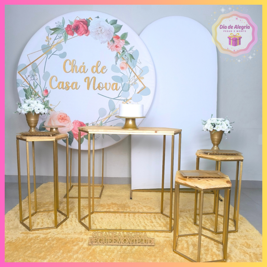 Chá de Casa Nova Dourado - Kit 3 Mesas de Ferro - Dia de Alegria Pegue e Monte
