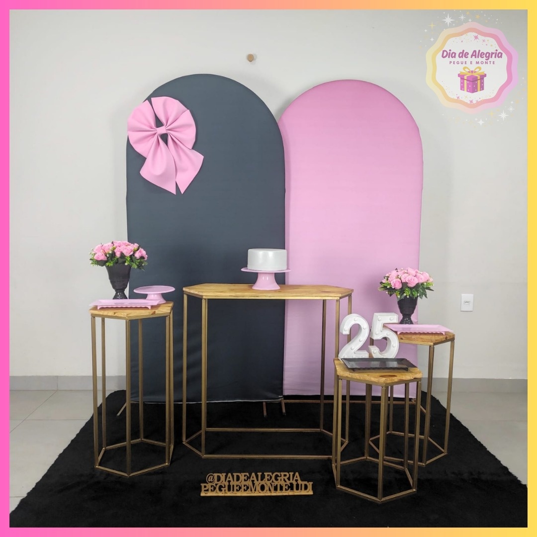 Preto Com Laço Rosa Feminino - Kit 3 (Mesas) - Dia de Alegria Pegue e Monte