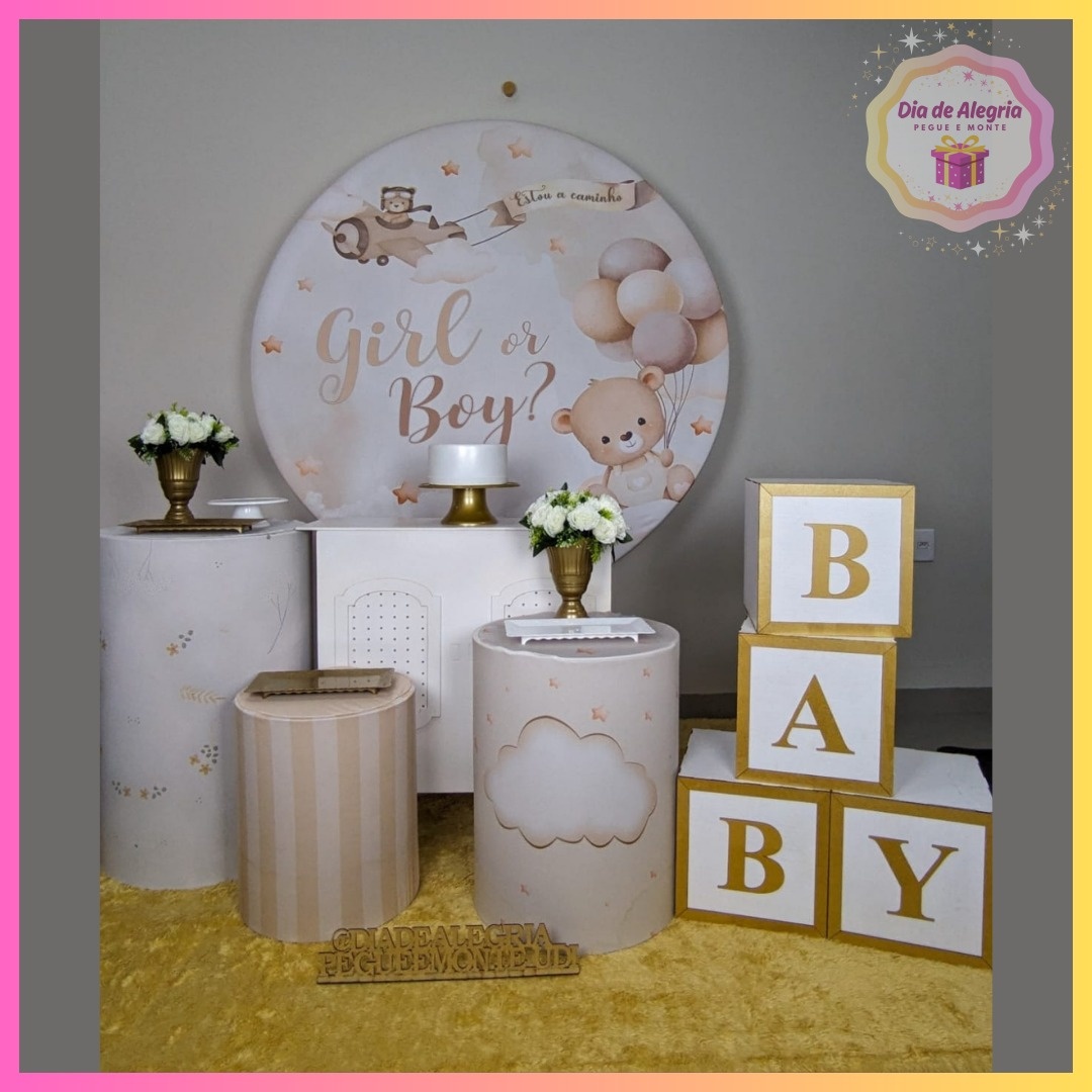 Chá Revelação Branco Com Bege - Kit 2 - Dia de Alegria Pegue e Monte