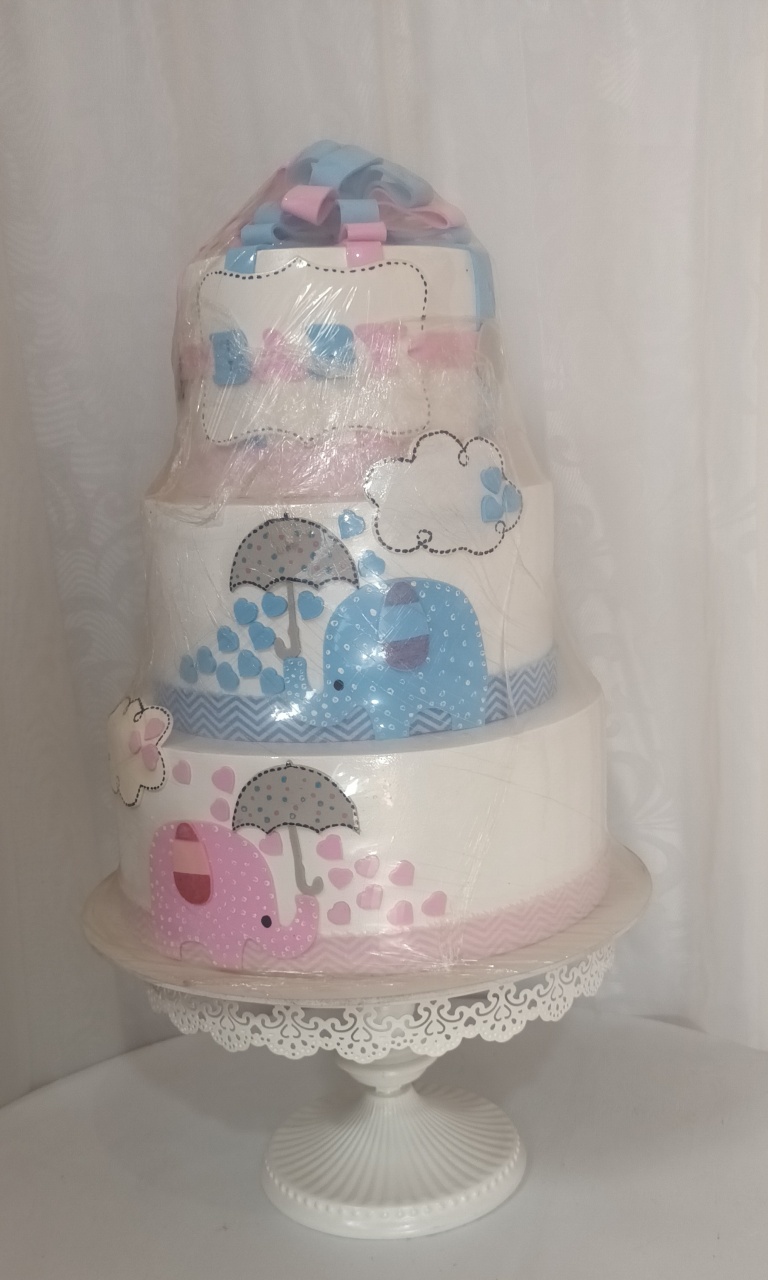 Bolo Fake III  - Chá Revelação Elefantinho/ Azul E Rosa - CRIS FEST DECOR - PEGUE E MONTE