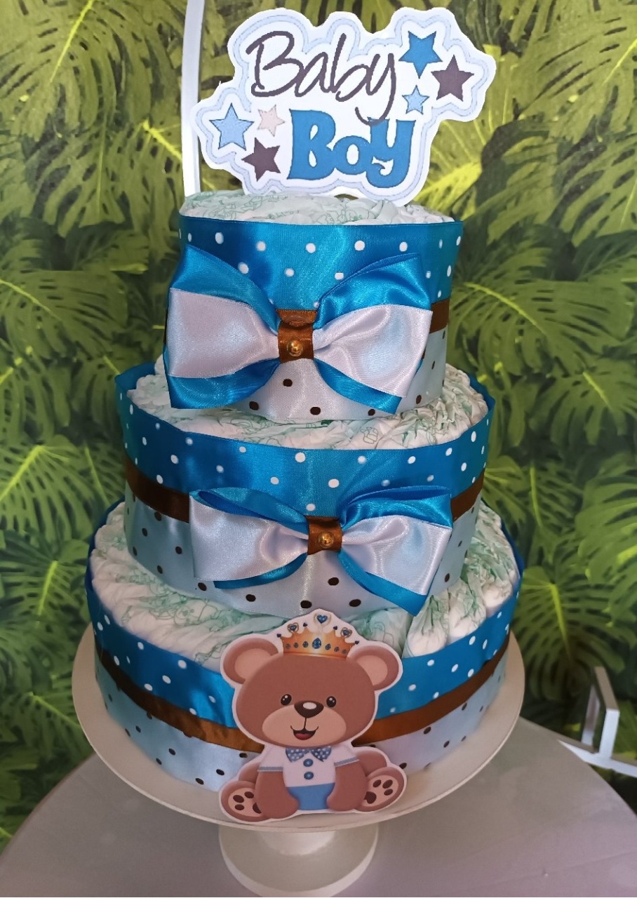 Bolo de Fralda - Ursinho Azul E Marrom  - CRIS FEST DECOR - PEGUE E MONTE