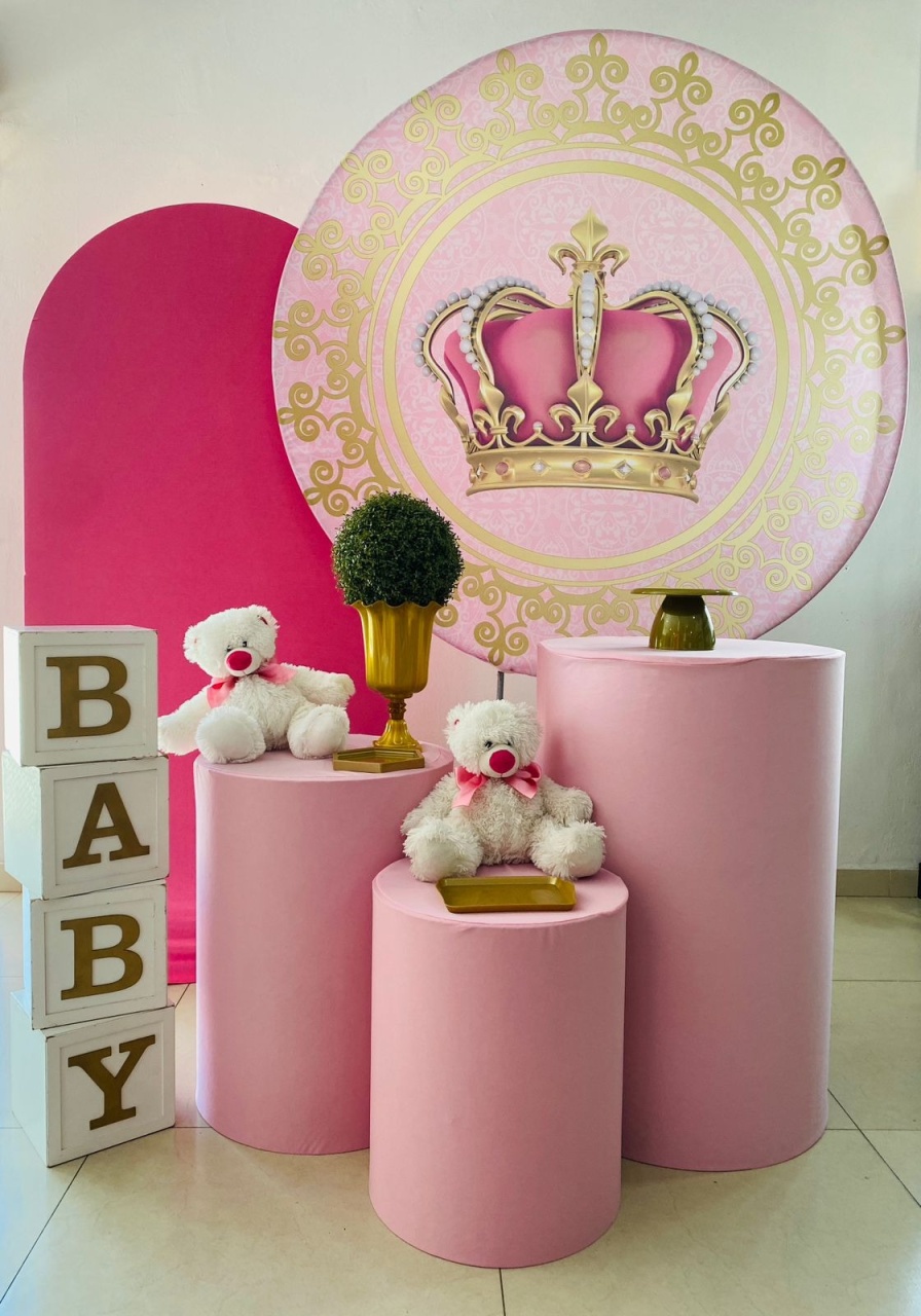 Kit Medio Cha de Bebe Coroa Rosa Com Cubos Baby - Arrazo Decorações