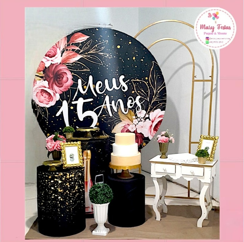 Kit 1 -  15 Anos Preto Com Flores - CATÁLOGO MARY FESTAS PEGUE E MONTE