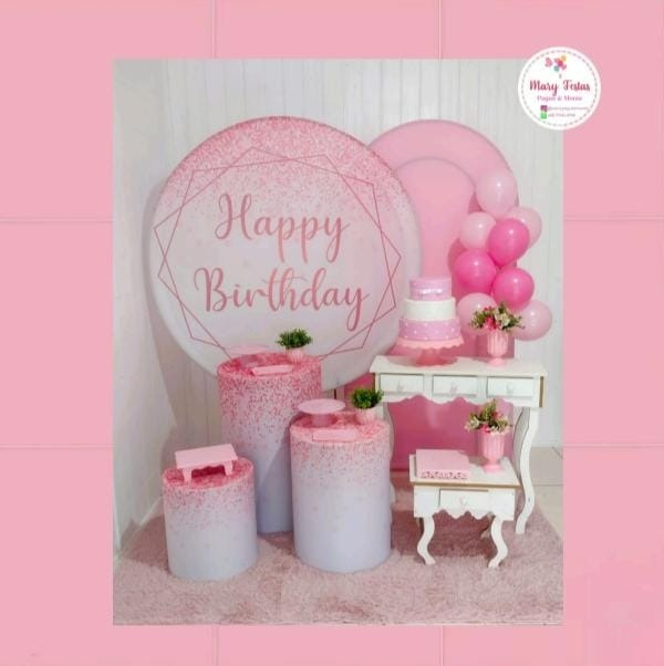Kit 1 - Happy Birthady Branco Com Rosa - CATÁLOGO MARY FESTAS PEGUE E MONTE