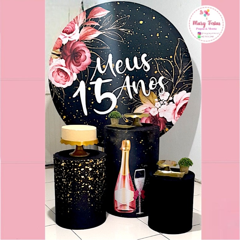 Kit 3 -  15 Anos Preto Com Flores - CATÁLOGO MARY FESTAS PEGUE E MONTE