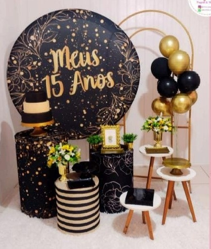 Kit 1 - 15 Anos Preto E Dourado  - CATÁLOGO MARY FESTAS PEGUE E MONTE