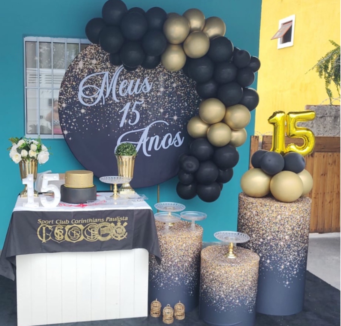 Kit Pm Grande Meus 15 Anos Preto Com Dourado - Jujuba Festa e Cia 