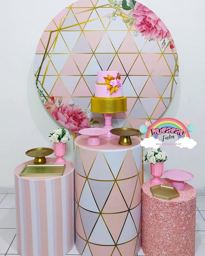 Kit Pegue E Monte Glitter Geométrico Rosa E Branco - Ducacau Festas