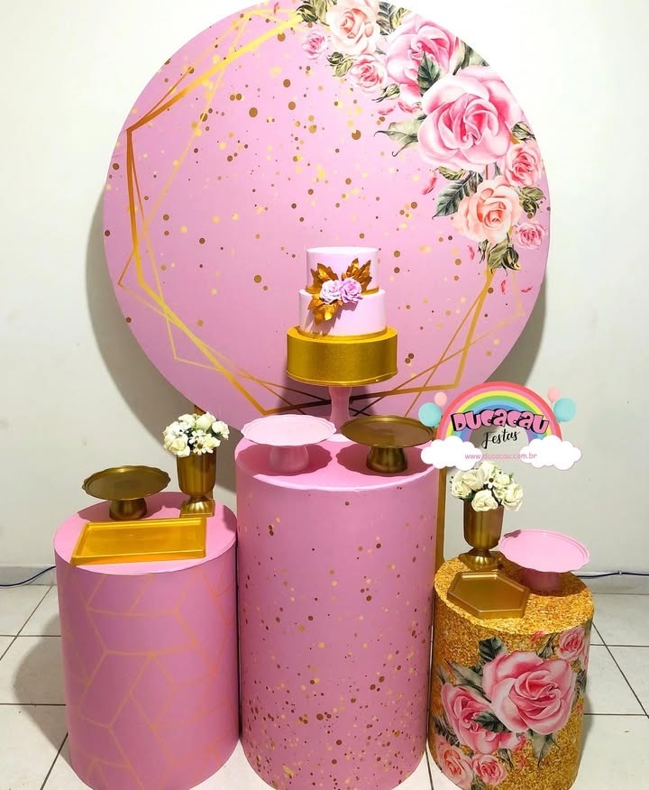 Kit Pegue E Monte Glitter Floral Rosa E Dourado - Ducacau Festas